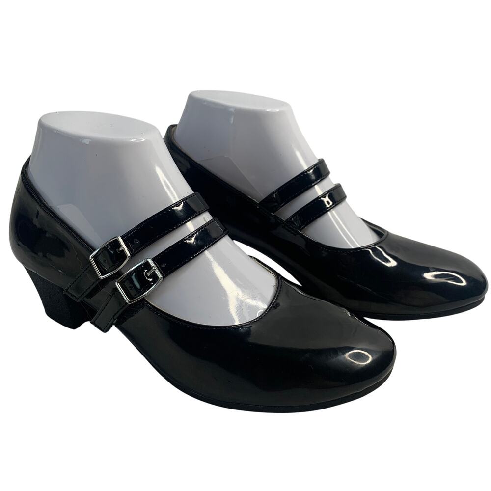 VTG American Eagle Girls Sz 5 Y2K Black Patent Leather Buckle Babydoll Shoes
